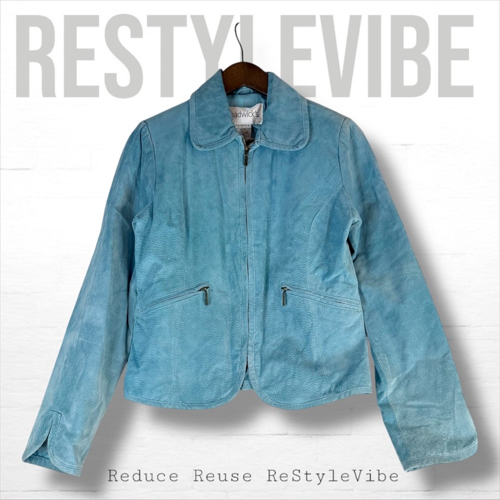 CHADWICK’S Women’s Size S Jacket Coat Leather Suede Zipper Close RETRO Blue